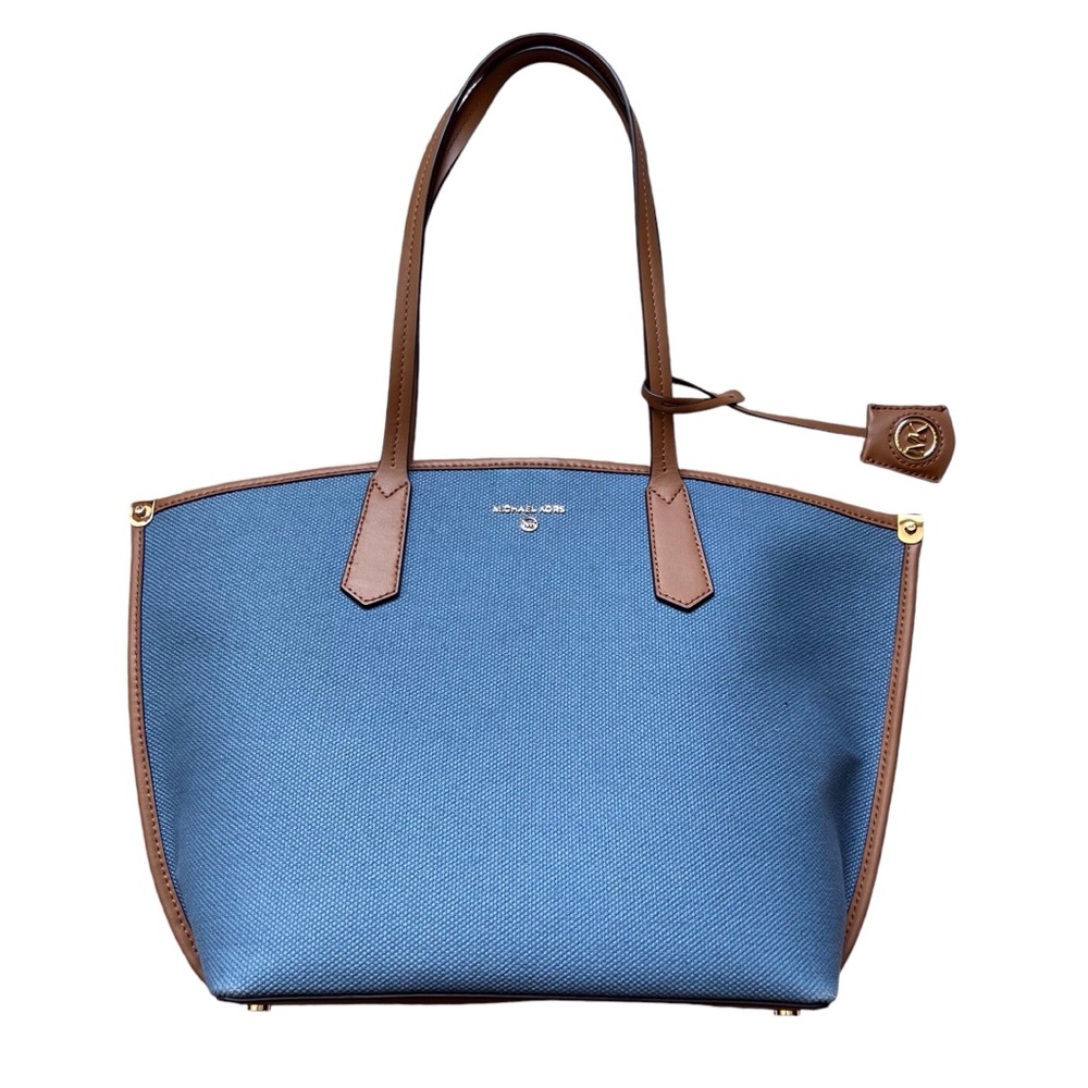 Michael Kors Jane Large Cotton Canvas Tote Blue Brown Shoulder Bag